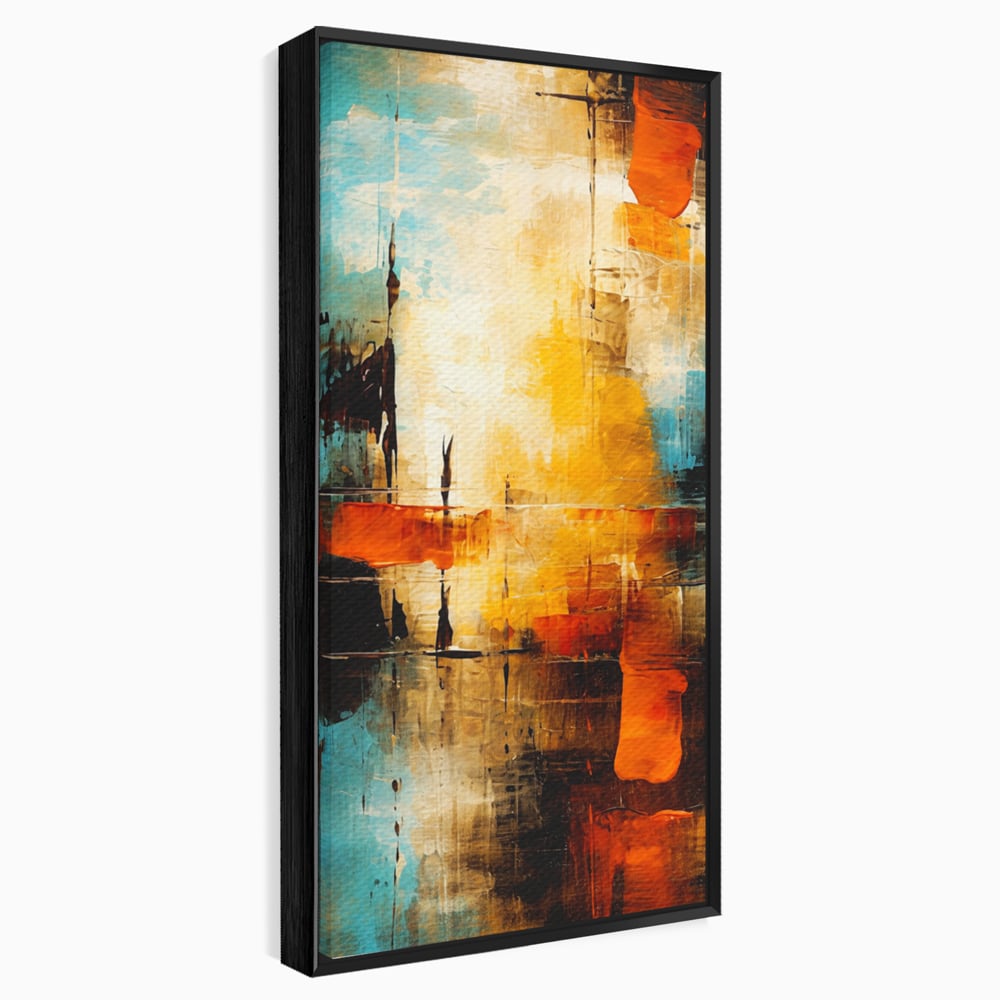 Tablou canvas cu pictura abstracta cu portocaliu si albastru, in rama de aluminiu negru